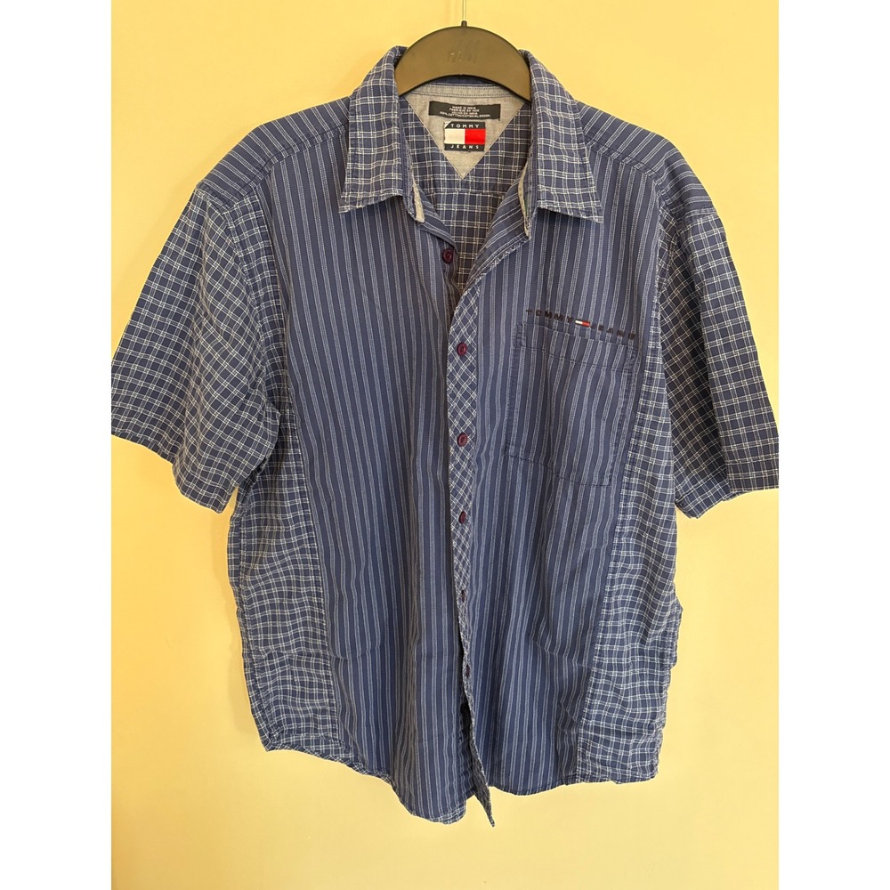 Tommy Jeans Mens Blue Striped Grid Check Short Sleeve Button Down Shirt Large
